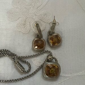 Silver tone Citrine Necklace & Pierced earings